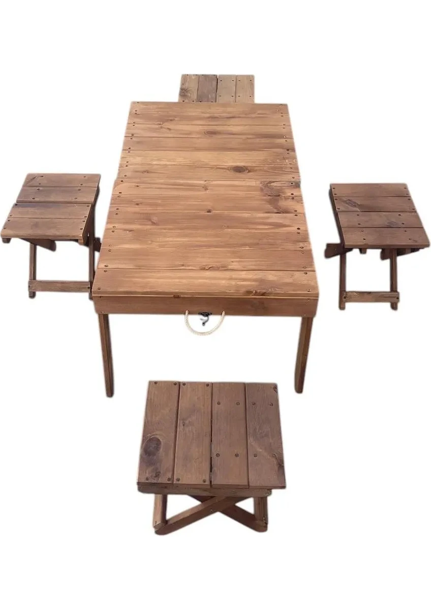 4 Tabureli Katlanır Bavul Piknik Bahçe Balkon Masa Takımı - Katlanır Kamp Masa Takımı - Ceviz